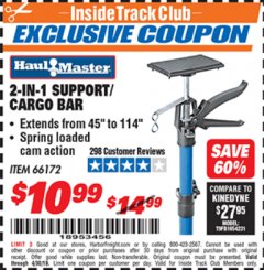 Harbor Freight ITC Coupon HAUL-MASTER 2-IN-1 SUPPORT/CARGO BAR Lot No. 66172 Expired: 4/30/19 - $10.99