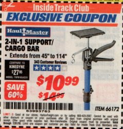Harbor Freight ITC Coupon HAUL-MASTER 2-IN-1 SUPPORT/CARGO BAR Lot No. 66172 Expired: 7/31/19 - $10.99
