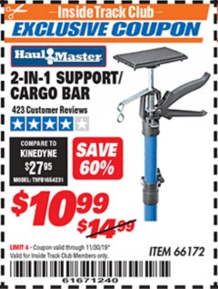 Harbor Freight ITC Coupon HAUL-MASTER 2-IN-1 SUPPORT/CARGO BAR Lot No. 66172 Expired: 11/30/19 - $10.99