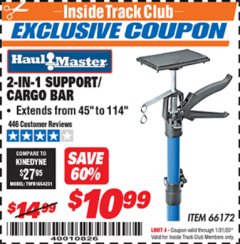 Harbor Freight ITC Coupon 2-IN-1 SUPPORT/CARGO BAR Lot No. 66172 Expired: 1/31/20 - $10.99