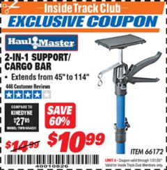 Harbor Freight ITC Coupon HAUL-MASTER 2-IN-1 SUPPORT/CARGO BAR Lot No. 66172 Expired: 1/31/20 - $10.99