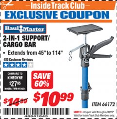Harbor Freight ITC Coupon 2-IN-1 SUPPORT/CARGO BAR Lot No. 66172 Expired: 4/30/20 - $10.99