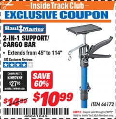 Harbor Freight ITC Coupon HAUL-MASTER 2-IN-1 SUPPORT/CARGO BAR Lot No. 66172 Expired: 4/30/20 - $10.99