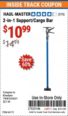 Harbor Freight ITC Coupon HAUL-MASTER 2-IN-1 SUPPORT/CARGO BAR Lot No. 66172 Expired: 8/31/20 - $10.99