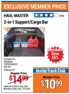 Harbor Freight Coupon HAUL-MASTER 2-IN-1 SUPPORT/CARGO BAR Lot No. 66172 Expired: 12/3/20 - $10.99