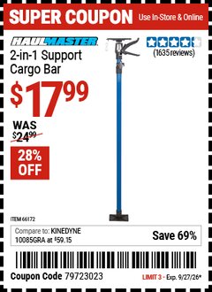 Harbor Freight Coupon HAUL-MASTER 2-IN-1 SUPPORT/CARGO BAR Lot No. 66172 Valid Thru: 9/27/26 - $17.99