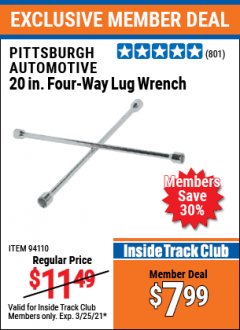 Harbor Freight ITC Coupon PITTSBURGH 20 IN. FOUR-WAY LUG WRENCH Lot No. 94110 Expired: 3/25/21 - $7.99