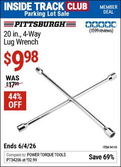 Harbor Freight ITC Coupon PITTSBURGH 20 IN., 4-WAY LUG WRENCH Lot No. 94110 Expired: 6/4/26 - $9.98