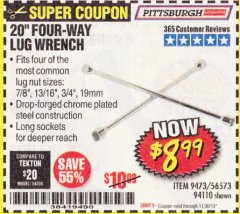 Harbor Freight Coupon PITTSBURGH 20 IN. FOUR-WAY LUG WRENCH Lot No. 94110 Expired: 11/30/19 - $8.99