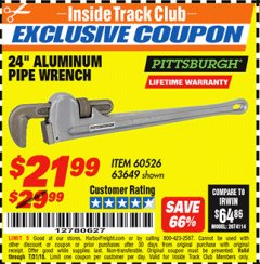 Harbor Freight ITC Coupon 24" ALUMINUM PIPE WRENCH Lot No. 63649 Expired: 7/31/18 - $21.99
