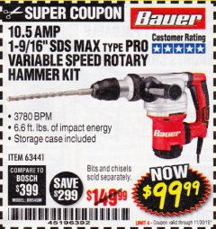 Harbor Freight Coupon BAUER 10.5 AMP 1-9/16" SDS MAX-TYPE PRO VARIABLE SPEED ROTARY HAMMER Lot No. 63441 Expired: 11/30/18 - $99.99