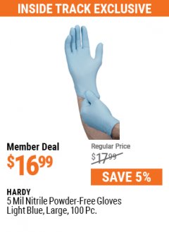 Harbor Freight ITC Coupon 5 MIL NITRILE GLOVES 100/PK Lot No. 61363/ 68497/ 68498 Expired: 7/29/21 - $16.99