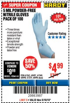 Harbor Freight Coupon 5 MIL NITRILE GLOVES 100/PK Lot No. 61363/ 68497/ 68498 Expired: 6/10/18 - $4.99