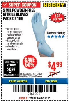Harbor Freight Coupon 5 MIL NITRILE GLOVES 100/PK Lot No. 61363/68497/68498 Expired: 6/10/18 - $4.99