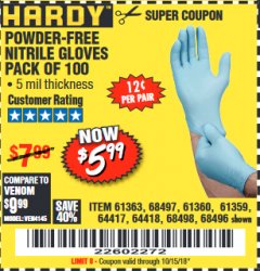 Harbor Freight Coupon 5 MIL NITRILE GLOVES 100/PK Lot No. 61363/68497/68498 Expired: 10/15/18 - $5.99