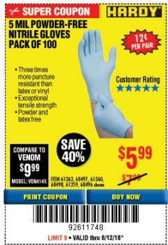 Harbor Freight Coupon 5 MIL NITRILE GLOVES 100/PK Lot No. 61363/68497/68498 Expired: 8/12/18 - $5.99
