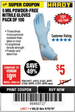 Harbor Freight Coupon 5 MIL NITRILE GLOVES 100/PK Lot No. 61363/68497/68498 Expired: 9/16/18 - $5