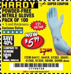 Harbor Freight Coupon 5 MIL NITRILE GLOVES 100/PK Lot No. 61363/ 68497/ 68498 Expired: 2/8/19 - $5.99
