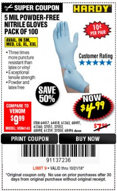 Harbor Freight Coupon 5 MIL NITRILE GLOVES 100/PK Lot No. 61363/ 68497/ 68498 Expired: 10/21/18 - $4.99