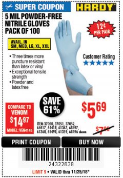 Harbor Freight Coupon 5 MIL NITRILE GLOVES 100/PK Lot No. 61363/68497/68498 Expired: 11/25/18 - $5.69
