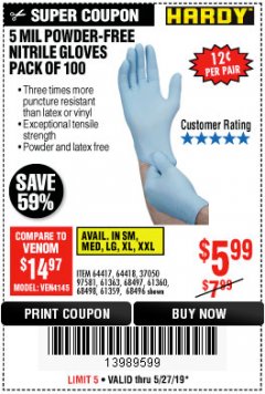 Harbor Freight Coupon 5 MIL NITRILE GLOVES 100/PK Lot No. 61363/ 68497/ 68498 Expired: 5/27/19 - $5.99