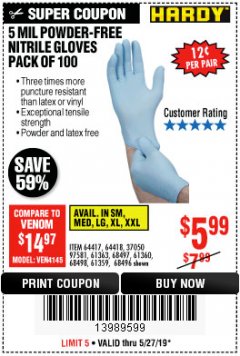 Harbor Freight Coupon 5 MIL NITRILE GLOVES 100/PK Lot No. 61363/68497/68498 Expired: 5/27/19 - $5.99