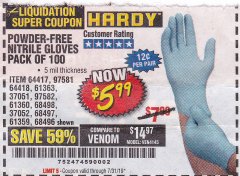 Harbor Freight Coupon 5 MIL NITRILE GLOVES 100/PK Lot No. 61363/68497/68498 Expired: 7/31/19 - $5.99