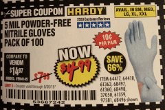 Harbor Freight Coupon 5 MIL NITRILE GLOVES 100/PK Lot No. 61363/ 68497/ 68498 Expired: 9/30/19 - $4.99