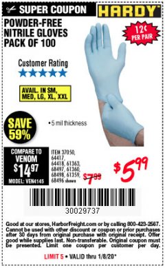 Harbor Freight Coupon 5 MIL NITRILE GLOVES 100/PK Lot No. 61363/ 68497/ 68498 Expired: 1/8/20 - $5.99