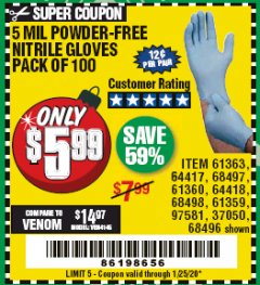 Harbor Freight Coupon 5 MIL NITRILE GLOVES 100/PK Lot No. 61363/ 68497/ 68498 Expired: 1/25/20 - $5.99