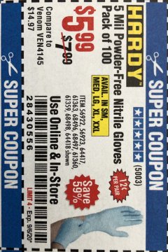 Harbor Freight Coupon 5 MIL NITRILE GLOVES 100/PK Lot No. 61363/ 68497/ 68498 Expired: 9/6/20 - $5.99
