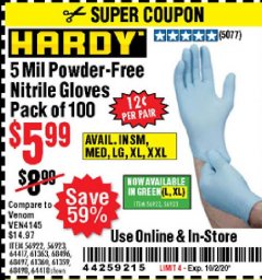 Harbor Freight Coupon 5 MIL NITRILE GLOVES 100/PK Lot No. 61363/68497/68498 Expired: 10/2/20 - $5.99