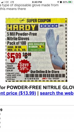 Harbor Freight Coupon 5 MIL NITRILE GLOVES 100/PK Lot No. 61363/68497/68498 Expired: 10/22/20 - $5.99