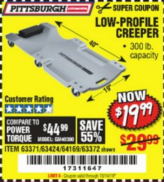 Harbor Freight Coupon LOW-PROFILE CREEPER Lot No. 63424/63371/63372 Expired: 10/14/19 - $19.99