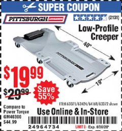 Harbor Freight Coupon LOW-PROFILE CREEPER Lot No. 63424/63371/63372 Expired: 8/30/20 - $19.99