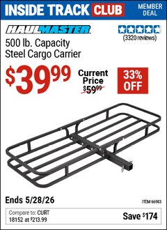 Harbor Freight Coupon HAUL-MASTER 500 LB. CAPACITY STEEL CARGO CARRIER Lot No. 66983/69623 Valid: 12/31/69 - 5/28/26 - $39.99