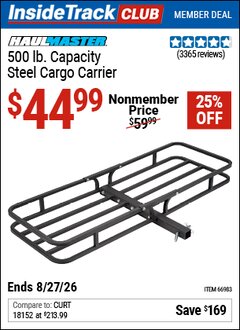 Harbor Freight Coupon HAUL-MASTER 500 LB. CAPACITY STEEL CARGO CARRIER Lot No. 66983/69623 Valid: 12/31/69 - 8/27/26 - $44.99