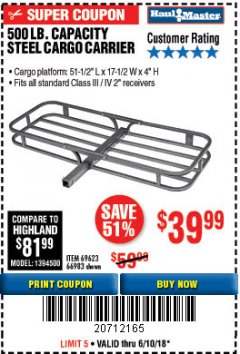 Harbor Freight Coupon STEEL CARGO CARRIER Lot No. 66983/69623 Expired: 6/10/18 - $39.99
