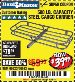 Harbor Freight Coupon STEEL CARGO CARRIER Lot No. 66983/69623 Expired: 10/18/18 - $39.99