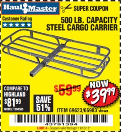 Harbor Freight Coupon STEEL CARGO CARRIER Lot No. 66983/69623 Expired: 11/10/18 - $39.99