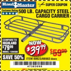 Harbor Freight Coupon STEEL CARGO CARRIER Lot No. 66983/69623 Expired: 3/27/20 - $39.99