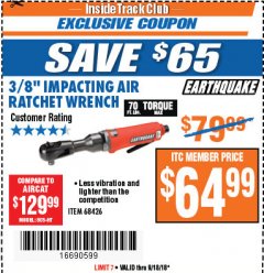 Harbor Freight ITC Coupon EARTHQUAKE 3/8 IN. IMPACTING AIR RATCHET WRENCH Lot No. 68426 Expired: 9/18/18 - $64.99