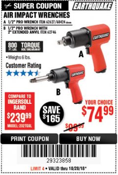 Harbor Freight Coupon 1/2" PROFESSIONAL AIR IMPACT WRENCH WITH 2" EXTENDED ANVIL Lot No. 62746 Expired: 10/28/18 - $74.99