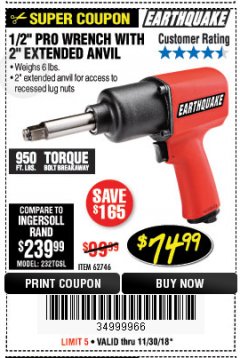 Harbor Freight Coupon 1/2" PROFESSIONAL AIR IMPACT WRENCH WITH 2" EXTENDED ANVIL Lot No. 62746 Expired: 11/30/18 - $74.99