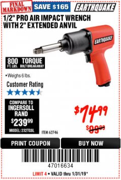 Harbor Freight Coupon 1/2" PROFESSIONAL AIR IMPACT WRENCH WITH 2" EXTENDED ANVIL Lot No. 62746 Expired: 1/31/19 - $74.99
