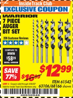 Harbor Freight ITC Coupon 7 PIECE AUGER BIT SET Lot No. 61542/63106/68166 Expired: 4/30/20 - $12.99