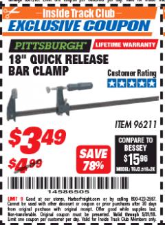 Harbor Freight ITC Coupon 18" QUICK RELEASE BAR CLAMP Lot No. 96211 Expired: 5/31/18 - $3.49