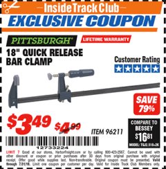 Harbor Freight ITC Coupon 18" QUICK RELEASE BAR CLAMP Lot No. 96211 Expired: 7/31/18 - $3.49