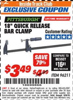 Harbor Freight ITC Coupon 18" QUICK RELEASE BAR CLAMP Lot No. 96211 Expired: 9/30/18 - $3.49