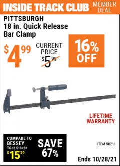 Harbor Freight ITC Coupon 18" QUICK RELEASE BAR CLAMP Lot No. 96211 Expired: 10/28/21 - $4.99